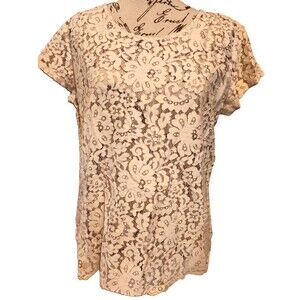 Vintage VanHeusen Studio Flower Pattern Ivory Cream Lace Overlay Blouse Size M